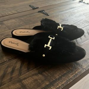 Black Furry Faux Fur Slip On Mules Flats w/ Gold Buckle